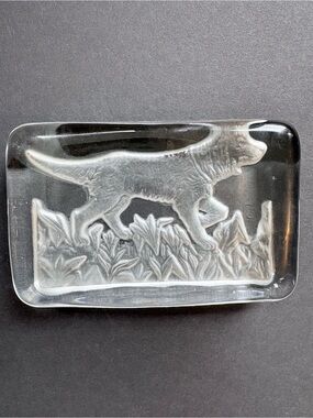 Vintage Mosser Glass Paperweight With A Labrador Retriever Running- Clear Flint